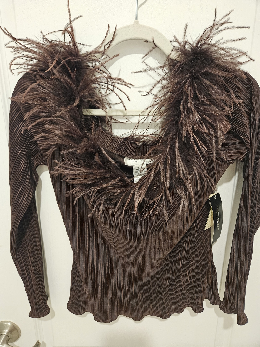 Vintage Jackie Jon Feather Trim Brown Long Sleeve Top NWT